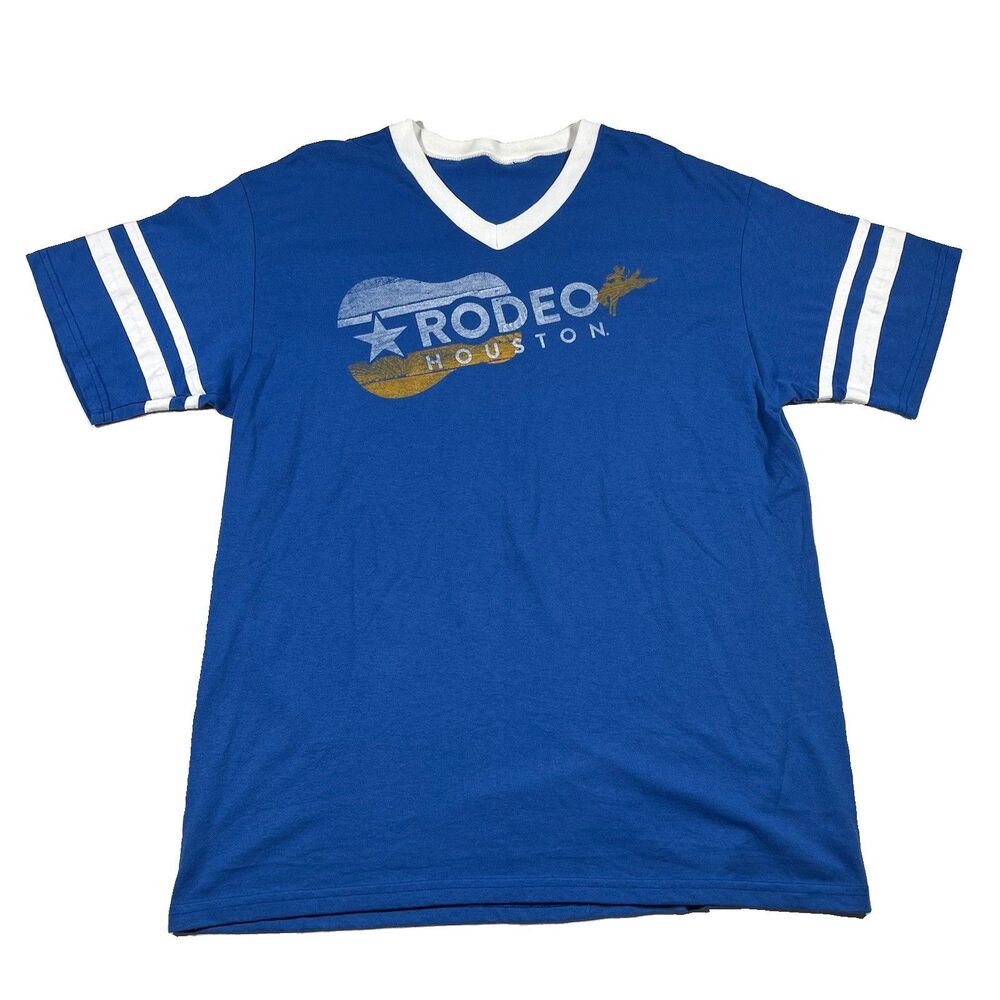 Houston Rodeo Ringer T Shirt Blue White V Neck Large USA Cowboy